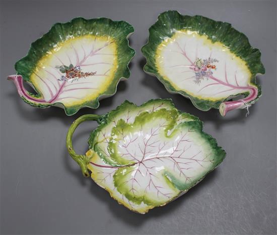 Three Chelsea red anchor leaf dishes, c.1755, 24 and 23.5cm long